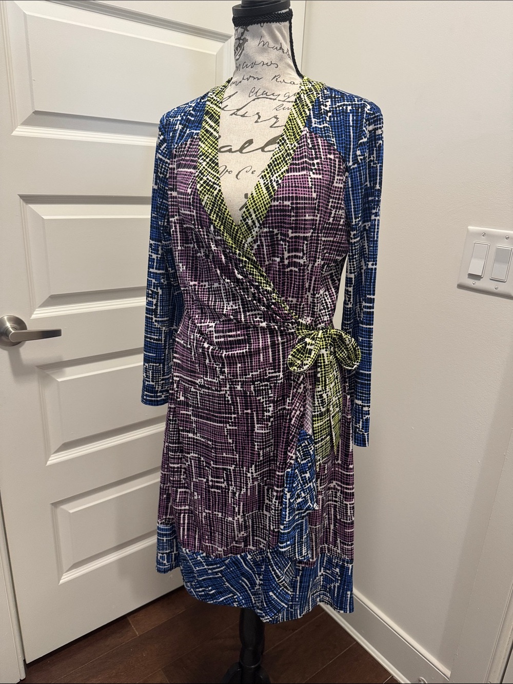 BCBGMaxAzria Blue, Purple & Lime Abstract Wrap Dress